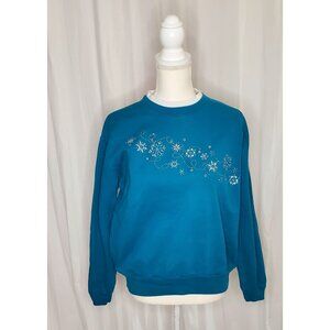 Decorated Originals Womens Blue Rhinestone Snowflake Holiday Sweatshirt Size Lg